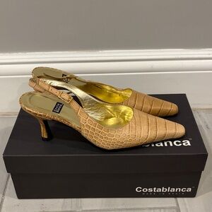 Costablanca Beige Croc-Embossed Pointed Toe Slingback Heels